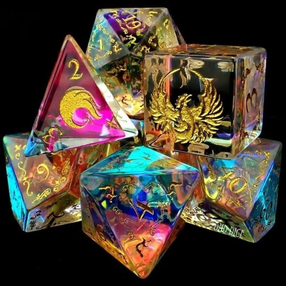 DND Dice Set - Phoenix Prism - 7 Exclusive High End Glass Dice - Fantasy RPG